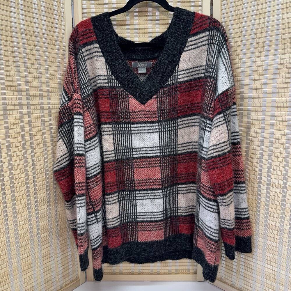 Natural Reflections Sweater Women's Size XL Red Black Plaid Pattern Fuzzy Soft